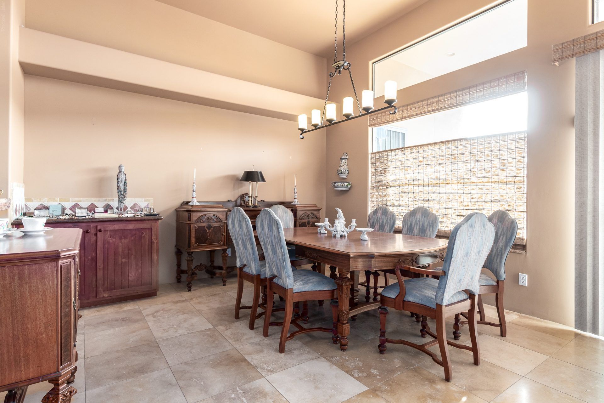 Dining area beside an open kitchen